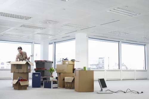 Commercial office furniture and boxes prepared for relocation in North London